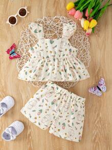 Linen Blend Floral Printed Baby Girl Tank Top + Shorts Set - Apricot - View 2