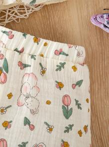 Linen Blend Floral Printed Baby Girl Tank Top + Shorts Set - Apricot - View 6