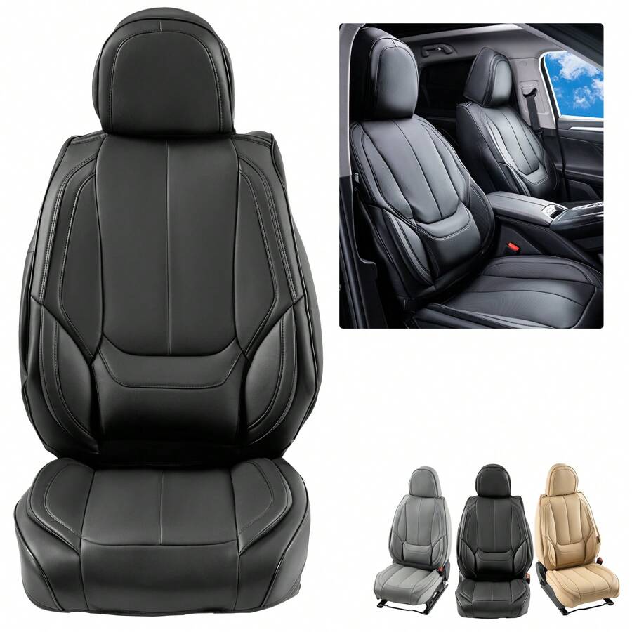Seat Covers Universal Car Seat Covers Front Seats 6pcs Faux Leather Seat Cover Full Enclosed Design Detachable Headrest And Airbag Compatible For Most Cars SUVs And Trucks Black - 黑色 - 查看 1