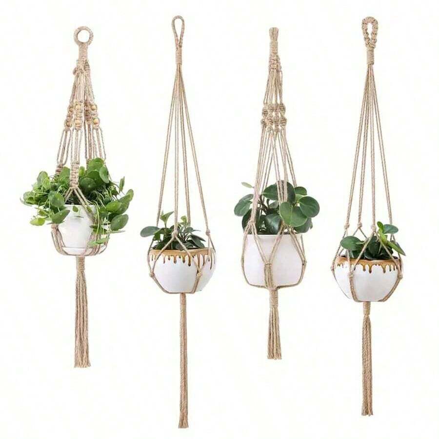 4 件装带蕾丝设计的植物吊架 - 手工杏色绳花盆架 - 非常适合室内外花园装饰、家居装饰、房间装饰、墙壁装饰 - 杏色 - 查看 1