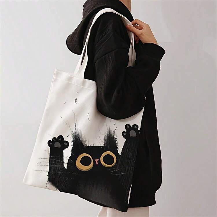 猫图案双面印花单肩包印花手提包休闲旅行沙滩包大容量可重复使用单肩购物袋女士休闲单肩包手提包大容量帆布沙滩包手提包购物袋印花女士杂货单肩包返校、学校用品、商店返校、教室、贝壳 - 彩色 - 查看 8