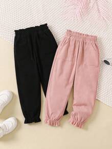 2pcs Young Girl Solid Color Jogger Pants Set, Autumn/Winter - Multicolor - View 1
