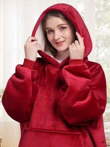 1 Pcs Sherpa Wearable Blanket Hoodie, Oversized Sherpa Fleece Sweatshirt Blanket With Giant Hood Pocket And Sleeves For Adult, Warm & Cozy Blanket Gifts For Women - 紅色 - 查看 3