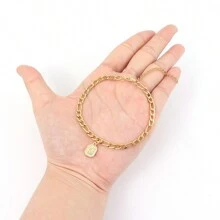 1pc New Vintage Pave Zirconia Block Initial Pendant Gold Color Stainless Steel Chain Bracelet For Men - Yellow Gold - View 3