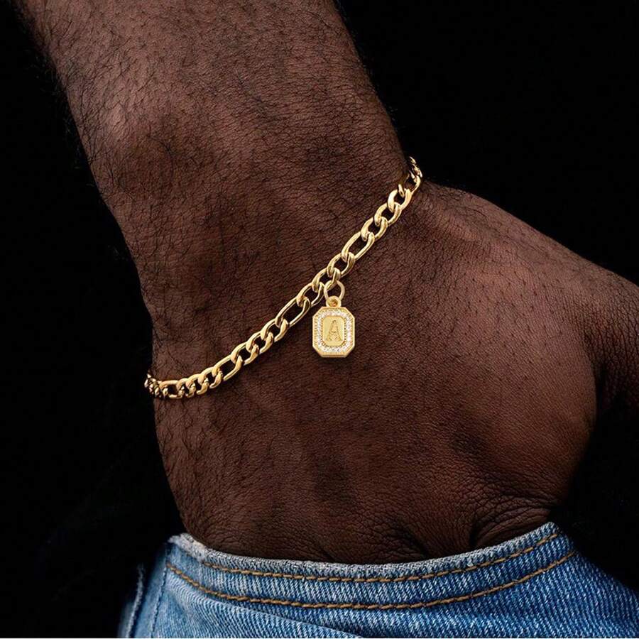 1pc New Vintage Pave Zirconia Block Initial Pendant Gold Color Stainless Steel Chain Bracelet For Men - Yellow Gold - View 1