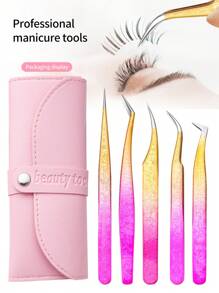 LRIS 5pcs Eyelash Extension Tweezer Set, Stainless Steel Slanted Tip Eyelash Tweezers For Professional Lash Extensions (Pink) - Multicolor - View 2
