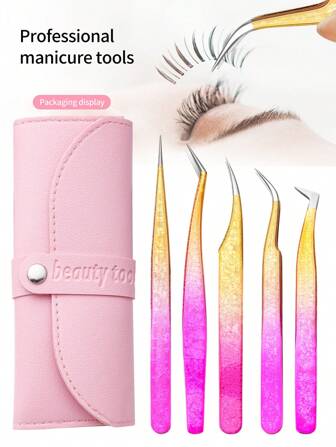 LRIS 5pcs Eyelash Extension Tweezer Set, Stainless Steel Slanted Tip Eyelash Tweezers For Professional Lash Extensions (Pink)
