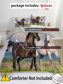 3 件套时尚被套套装，精美马匹印花床上用品套装，柔软舒适透气被套，适用于卧室、客房装饰（1 * 被套 + 2 * 枕套，不含芯） - 彩色 - 查看 2