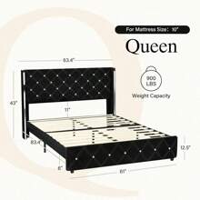 Twin/ Full/ Queen/ King Size Bed Frame, Upholstered Bed Frame With Diamond Headboard And Footboard, No Box Spring Needed With Wood Slat Support, Easy Assembly, Twin Bed Frame/  Full Bed Frame/ King Bed Frame, Black/ Pink/ White/ Purple/ Blue/ Green - 黑色 - 查看 9