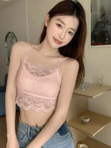 女士蕾丝吊带背心，修身休闲粉色夏季款 - 粉色 - 查看 2
