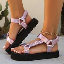 Sandalen für Damen mit dicker Sohle, Hellrosa, breite Riemen, niedrige Spitze, offene Zehenpartie, lässige Sommersandalen