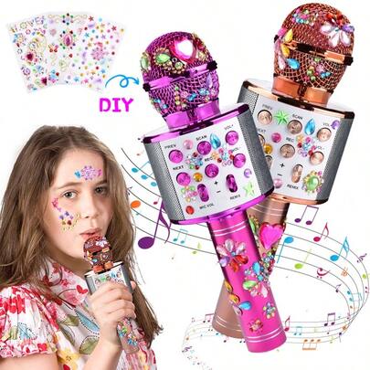 Wireless Bluetooth Karaoke Microphone, Handheld Mic Speaker With DIY Diamond Decor, Ideal Gift For Graduation Party And All Holidays, Suitable For Adults And All Ages (Color & Style Accessories Random)