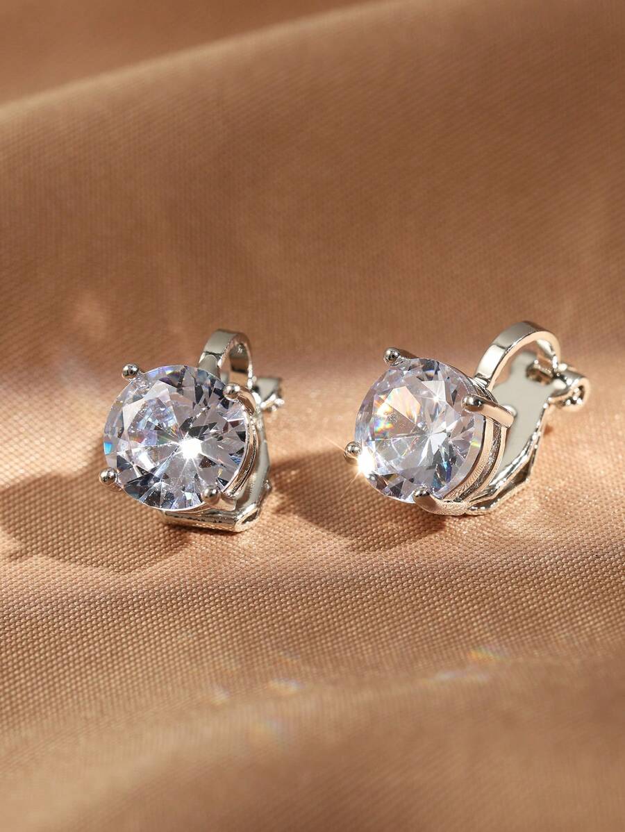 rakol 2入組時尚簡約風格方形氧化鋯裝飾女士耳夾和耳釘禮物 - 銀色 - 查看 1