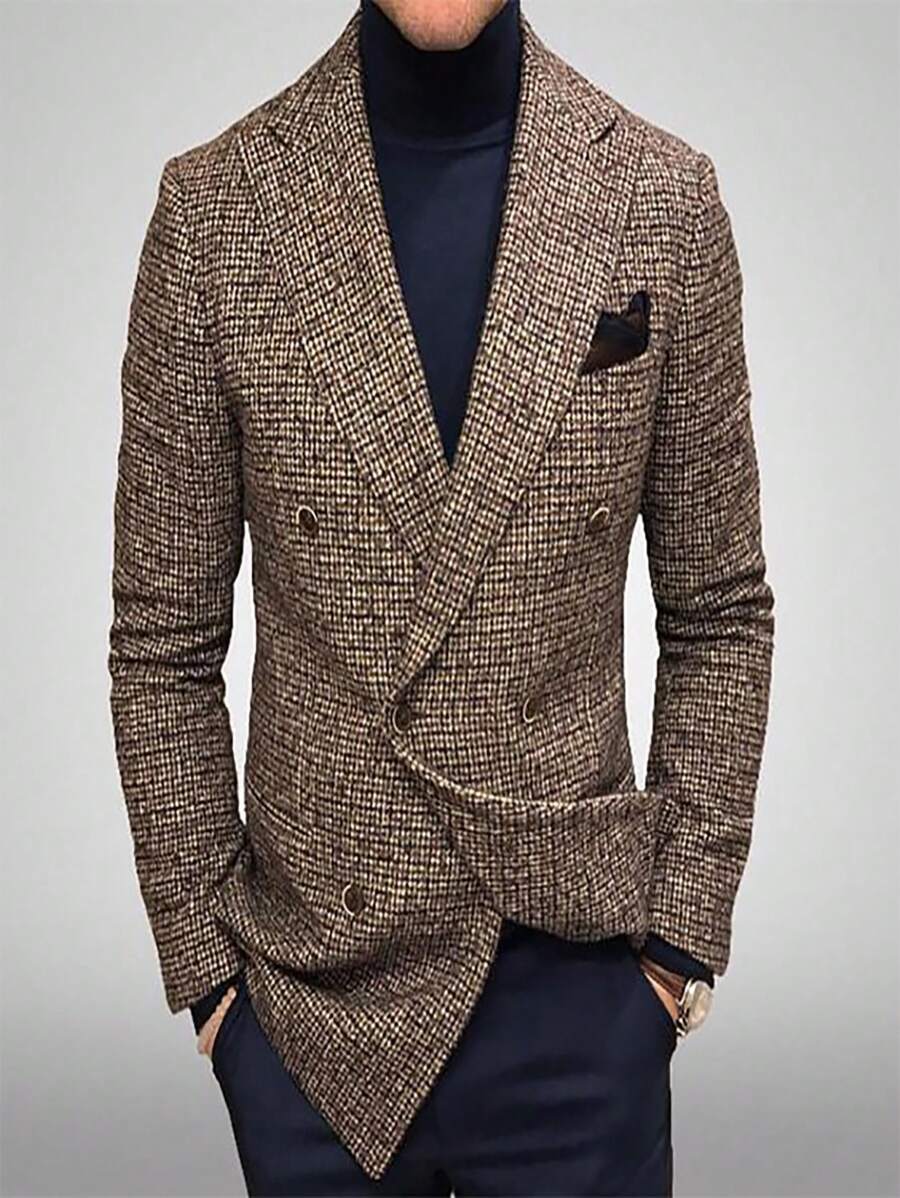 Business Plaid Notched Collar Button Pocket Long Sleeve Blazer