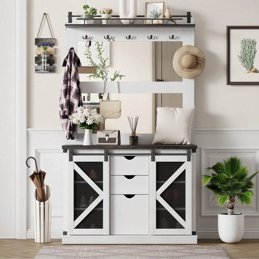Hall Tree With Shoe Storage,Farmhouse Coat Rack With Shoe Cubbies & 7 Coat Hooks,And 3 Drawers For Hallway,Freestanding Bench With Shoe Storage Bench