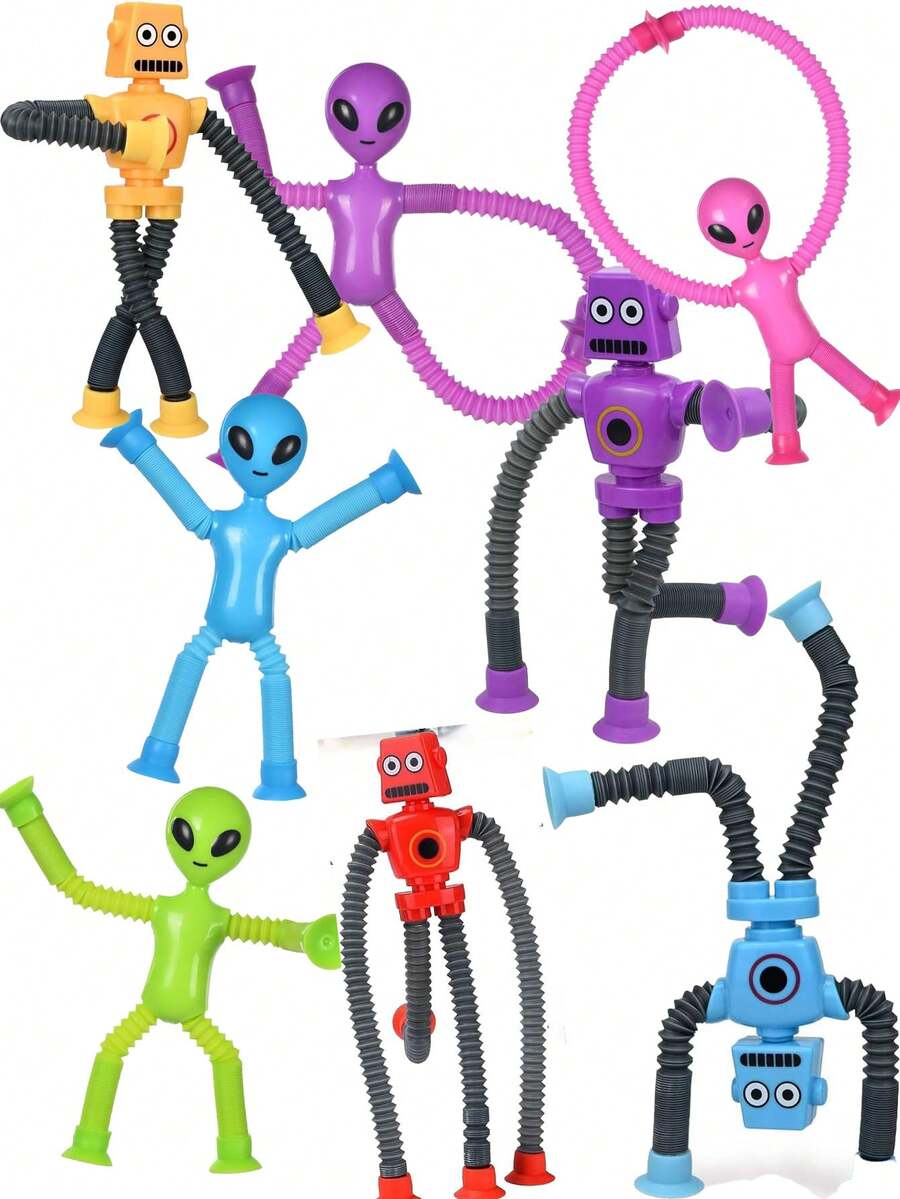 8pcs Retractable Suction Cup Alien Robot Toys, Novelty Suction Cup Toys, Fun Stress Relief Toys, Sensory Toys, Educational Sensory Toys, Great For Party Favors - Multicolor - View 1