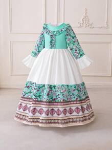 Young Girls Long Sleeve Colorblock Floral Print Stretchy Party Princess Dress, Suitable For Birthday, Holiday, Party, Fabric & Floral Pattern Randomly Cut, Headband Not Included - Multicolor - View 4
