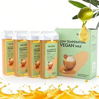  Caja de regalo de 4 paquetes de barras de cera WAXKISS de 100g cada una, barras de cera enrollables para depilación en casa, cera blanda de baja temperatura color miel, recambio de cera, depilación sin dolor en casa, adecuada para hombres y mujeres, segura y efectiva, adecuada para todo tipo de piel, ideal para la eliminación del vello corporal y de piernas