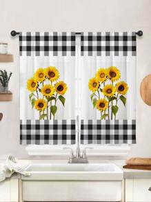 2pcs Modern Fresh Grid & Sunflower Digital Printing Decorative Rod Pocket Kitchen Short Curtains,Refer To Bedroom Office Kitchen Living Room Study Home Decor - Multicolor - View 2