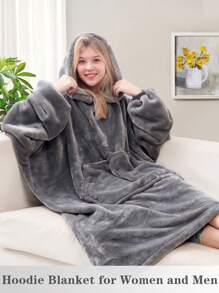 1 Pcs Wearable Blanket Sweatshirt Gifts For Women And Men, Warm And Cozy Giant Blanket Hoodie, Thick Flannel Blanket With Sleeves And Giant Pocket - 灰色 - 查看 3