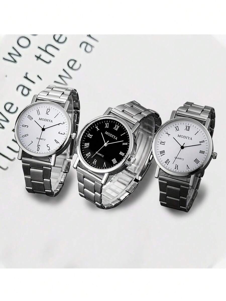 Bộ 3 chiếc Đồng hồ cặp thạch anh thạch anh tỷ lệ La Mã đơn giản và thời trang mới Modiya đơn giản, thích hợp để kết hợp hàng ngày, lựa chọn quà tặng lý tưởng - Bạc - Xem 1