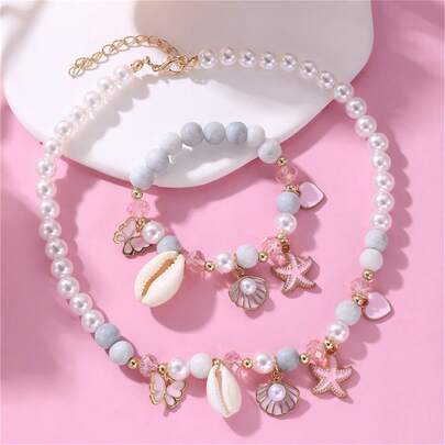 2pcs/Set Girls Starfish Shell Butterfly Pearl Beaded Necklace And Bracelet Set