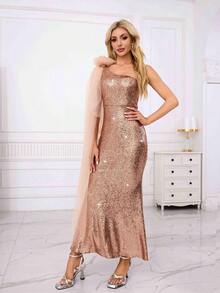 闪光美人鱼下摆披肩透明斗篷单肩礼服和紧身设计优雅舞会半正式婚礼宾客礼服，适合生日、毕业典礼、返校节 - 乾枯玫瑰色 - 查看 6