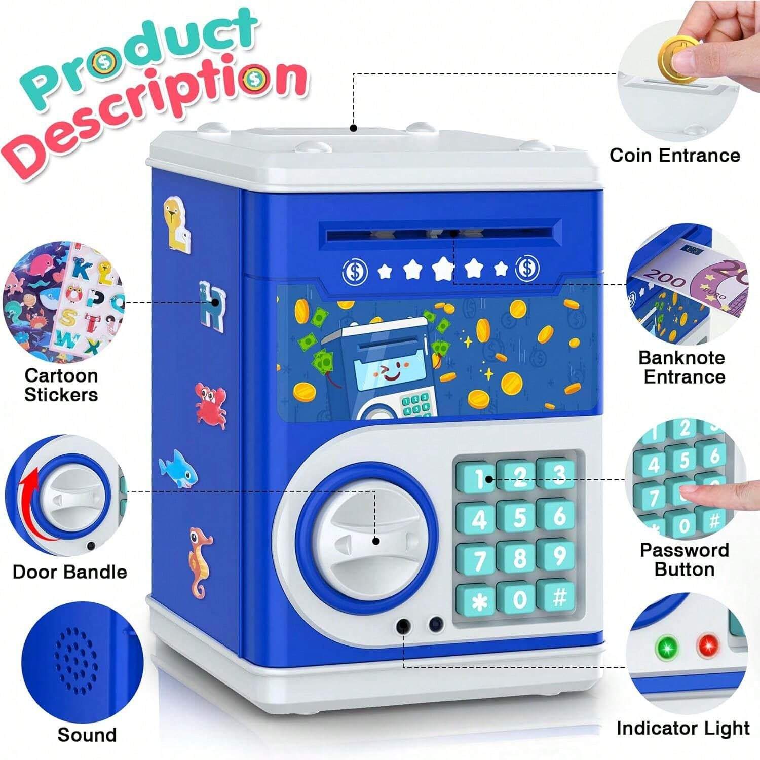 Dark Blue Piggy Bank For Kids With Password Code Lock And Auto Grab