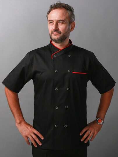 1pc Unisex Black Chef Jacket, Double-Breasted, Short Sleeve, Comfortable, Breathable, Ideal For Kitchen, Baking, Restaurant, Hotel Work