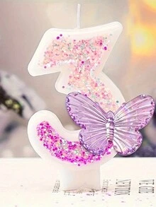 1 pieza Vela de cumpleaños con purpurina, retazos y diseño de mariposa y números, decoración para boda y fiesta - Rosa - Ver 15