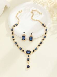 3 piezas/set Pendientes de cubo de vidrio azul marino y collar Elegante Set de joyas para mujeres - Multicolor - Ver 5