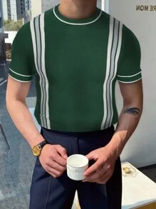 Men Striped Jacquard Collar Pullover Sweater - Dark Green - View 1