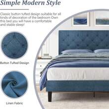 HOMBCK Upholstered  Bed Frame With Headboard, Linen Platform Bed  Frame With Wooden Slats Support,Twin/ Full/ Queen/ King,Pink/ White/ Blue/ Light Grey/ Dark Grey/ Black/ Cream - 藍色 - 查看 3