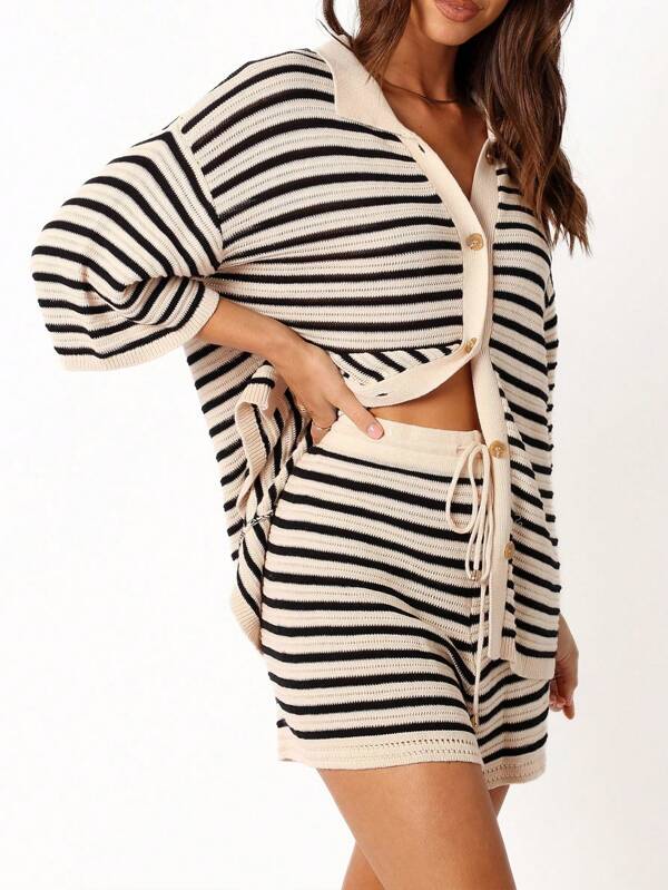 Women's Casual Striped Single-Breasted Cardigan And Comfortable Oversized Shorts Set