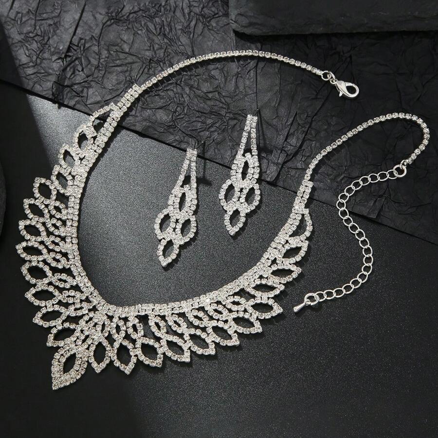 1set Crystal Full Rhinestone Earrings & Necklace Bridal Jewelry Set - Water Drop - View 1