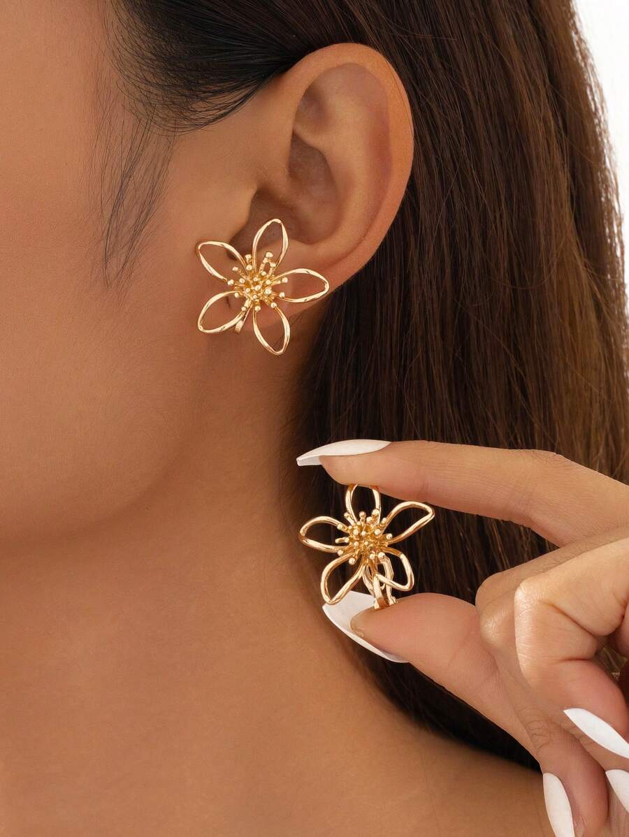 1 Cặp Hoa tai hợp kim rỗng kiểu Âu & Mỹ sang trọng thanh lịch quyến rũ thiết kế nguyên bản phóng đại, Hoa tai dự tiệc/quà tặng cá nhân hóa cho phụ nữ - Vàng - Xem 1