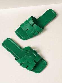 宽版女式露趾绑带夏季户外和室内轻便时尚性感休闲经典大码紫红色防滑平底凉鞋 - 軍綠色 - 查看 5