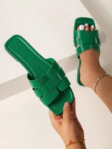 宽版女式露趾绑带夏季户外和室内轻便时尚性感休闲经典大码紫红色防滑平底凉鞋 - 軍綠色 - 查看 2