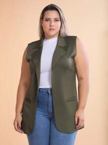 Max Women's Plus Size Long Open Neoprene Vest - xanh quân đội - Xem 2
