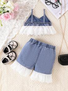 Nuevo conjunto de 2 piezas de peto vaquero para niñas pequeñas para primavera-verano: top con peto vaquero y pantalones cortos