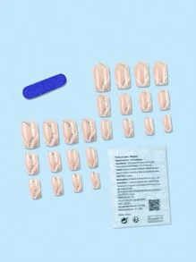 24 件心形闪光法式美甲假指甲长方形尖头，时尚美甲套装，适合女士和女孩 - 淺粉色 - 查看 2