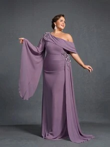 Faeriesty Mosy Plus Size Evening Gown, Asymmetric Neckline, Flared Sleeves And Tiered Side Design - Elegant Mother Of The Bride Dress, Formal Gala Dress, Red Carpet Attire, Black Tie Event Wear - Mauve Purple - View 6