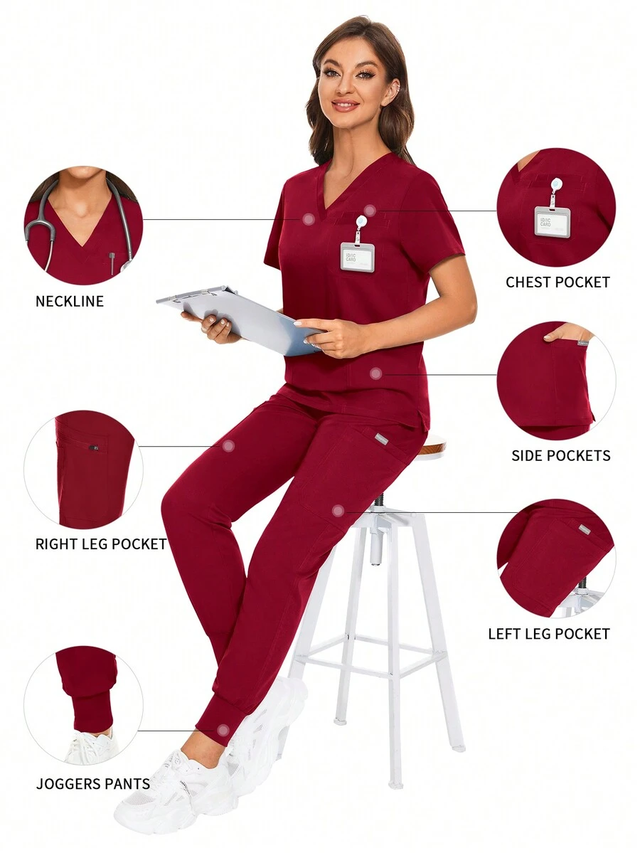 護士制服工作服短袖口袋襯衫+褲子套裝純色護士制服藥房牙科工作服 - 紅色 - 查看 1