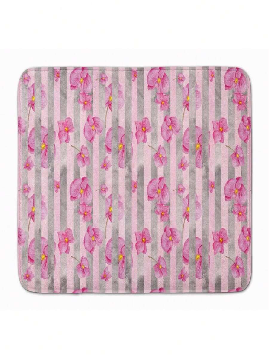 Watercolor Pink Flowers Grey Stripes Machine Washable Memory Foam Mat - Pink - 灰色 - 查看 1