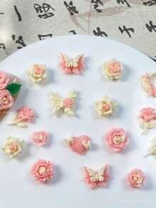 20 件/1 袋，粉黄玫瑰山茶花指甲饰品，树脂指甲装饰，女式指甲板 - 彩色 - 查看 1