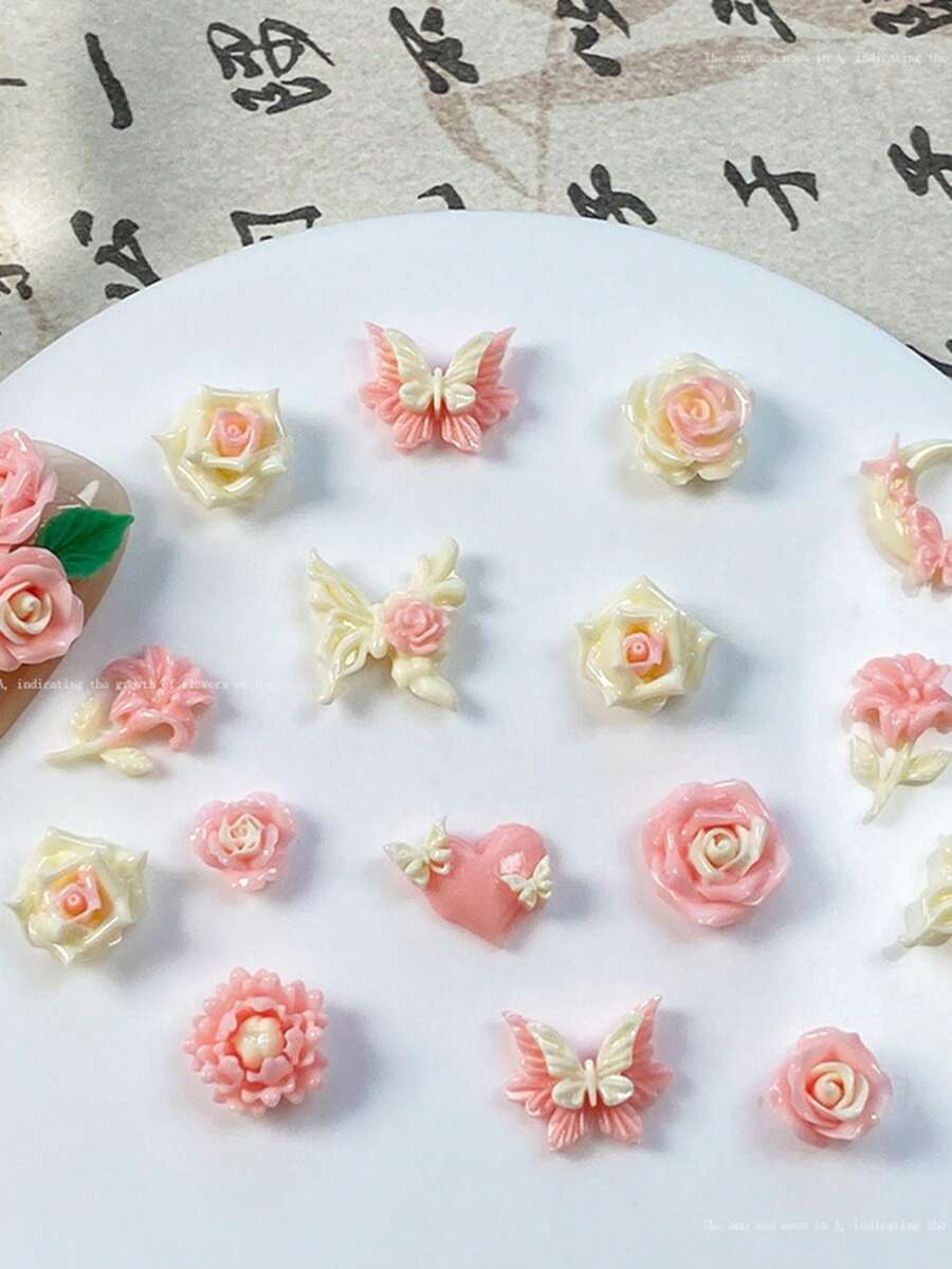 20 件/1 袋，粉黄玫瑰山茶花指甲饰品，树脂指甲装饰，女式指甲板 - 彩色 - 查看 1