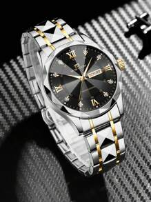 VA VA VOOM Relógio de quartzo masculino, estilo moderno e luxuoso com escalas de strass, calendário duplo, rebite de aço inoxidável, luminoso, casual e empresarial