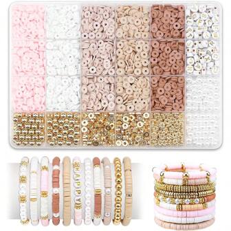2370pcs Flat Polymer Clay Black Stone Beads Bracelet Making Kit For Girls, Adults - DIY Friendship Bracelet, Golden Bead Bracelet, Letter Beads, Christmas Gift