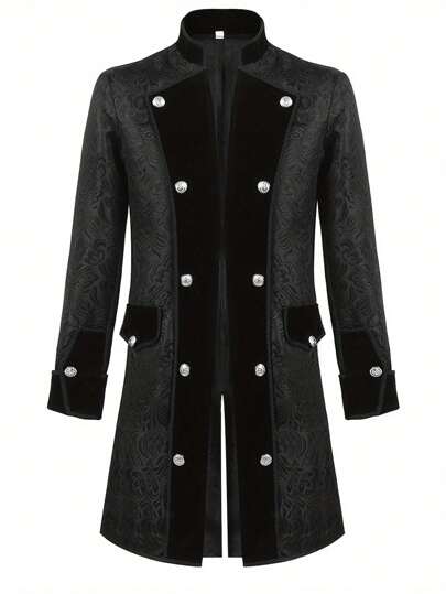 Men's Steampunk Medieval Tailcoat Jacket, Victorian Gothic Double Breasted Long Sleeve Jacquard Coat