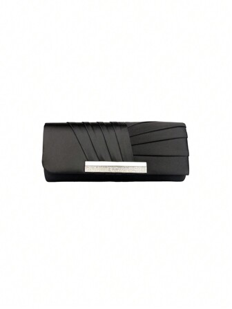 Fashionable Elegant Solid Color Satin Rhinestone Pleated Tri-Fold Envelope Clutch Purse, Suitable For Wedding, Party, Prom